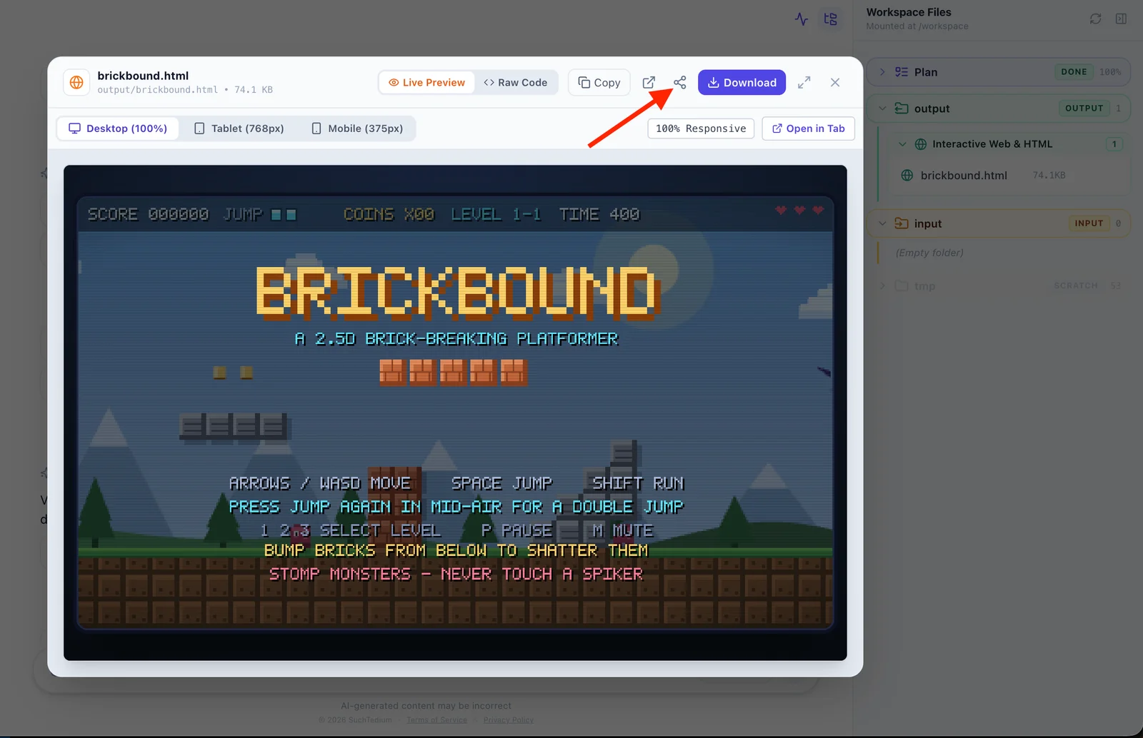 Clicking the share button in the SuchTedium preview header