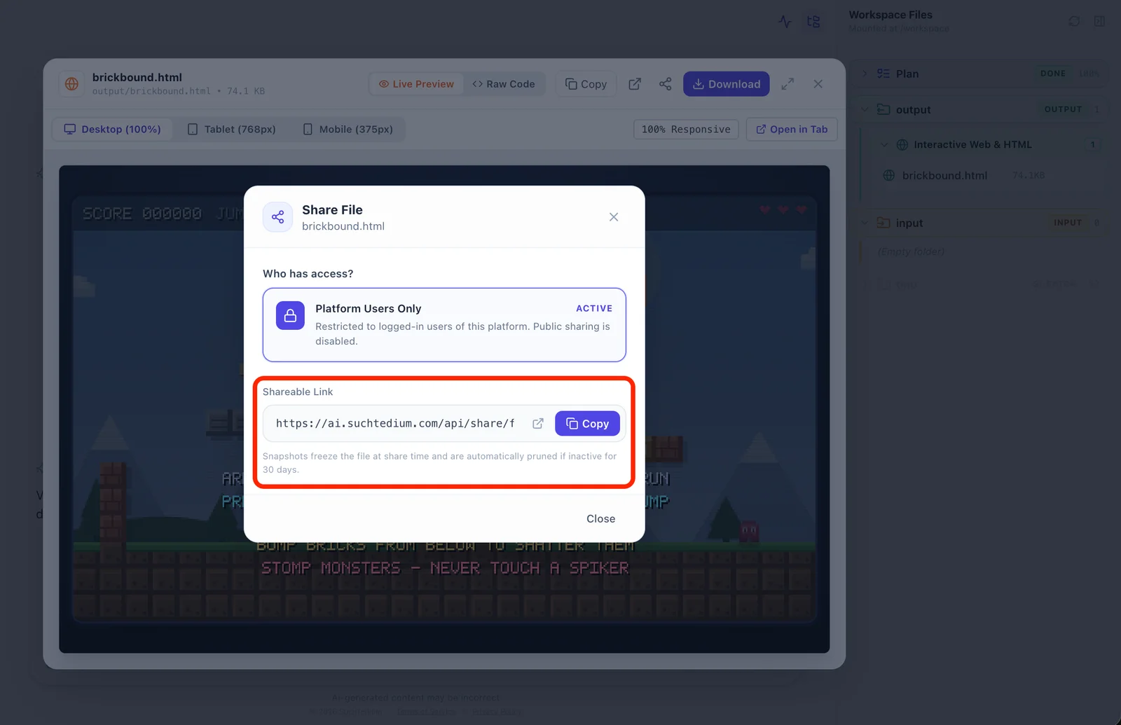 SuchTedium Share File dialog generating immutable snapshot link